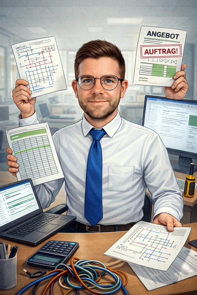 Karikatur von Mathias Amann – Auftragsmanager mit technischem Hintergrund im Projekt- und Kostenmanagement